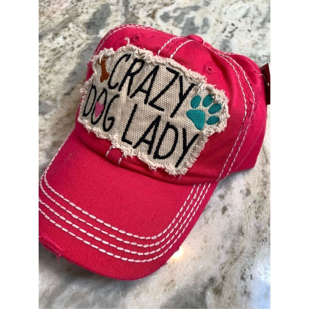 Pink Crazy Dog Lady Baseball Cap #dog #distressed hat #heart